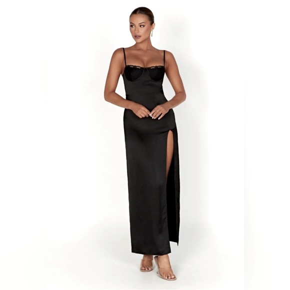NWT Meshki Zuleyka Black Silky Satin Maxi Dress - Classy & Sexy - Picture 1 of 6